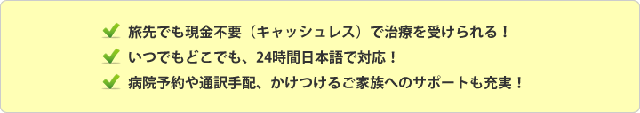 ここが充実！医療アシスタンスサービス1.旅先でも現金不要（キャッシュレス）で治療を受けられる！2.いつでもどこでも、24時間日本語で対応！3.病院予約や通訳手配、かけつけるご家族へのサポートも充実！